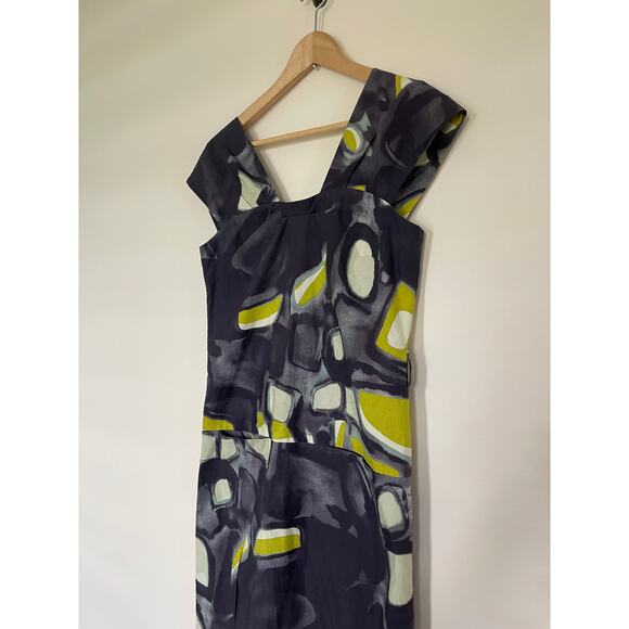 LELA ROSE 100% cotton watercolor abstract artsy green gray sheath dress - Picture 4 of 11